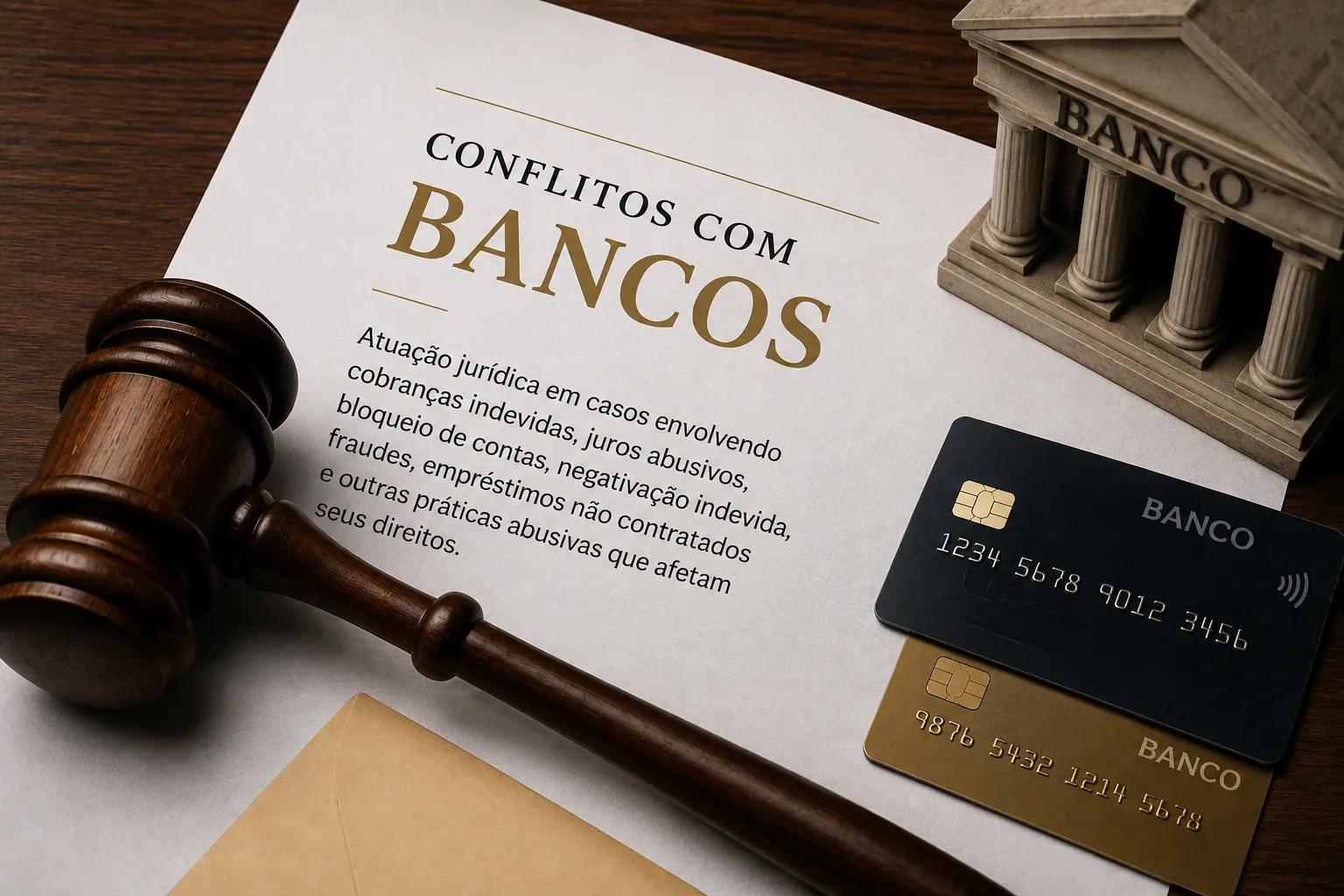 Documento sobre conflitos com bancos, ao lado de cartões de crédito e da maquete de um banco