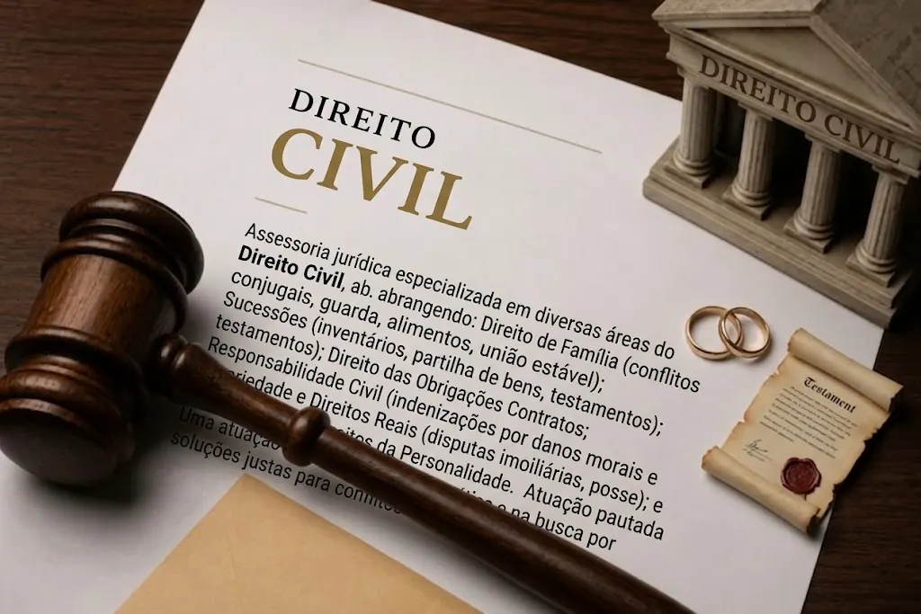Peça sobre Direito Civil ao lado de um martelo de juiz, alianças e um testamento